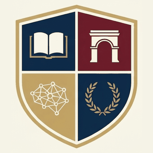 The LCBAT shield, divided into four quarters showing an open book, a classical arch, a connected network and a laurel wreath
